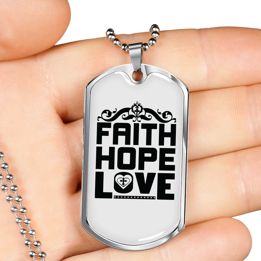 Faith Hope Love Cross Necklace Stainless Steel or 18k Gold Dog Tag 24" Chain-Express Your Love Gifts