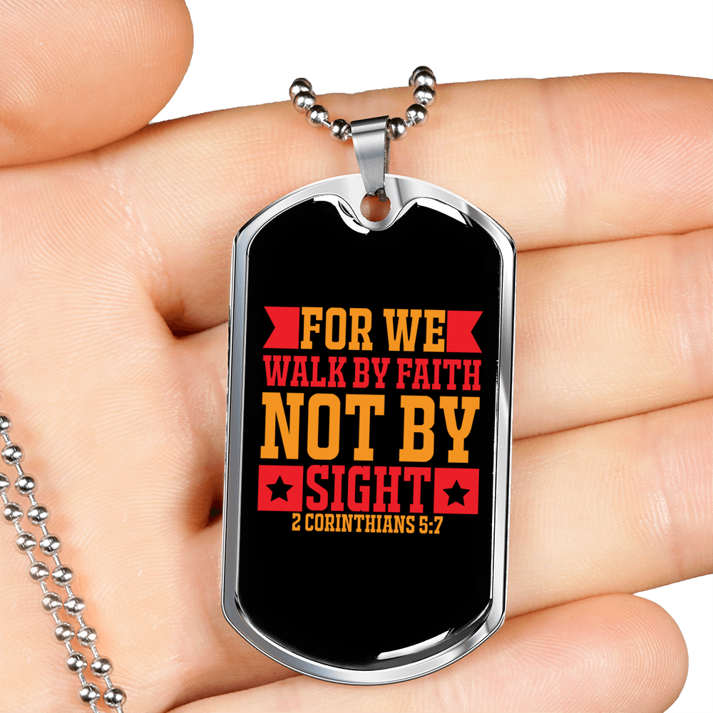 Faith Not By Sight 2 Corinthians 5:7 Necklace Stainless Steel or 18k Gold Dog Tag 24" Chain-Express Your Love Gifts