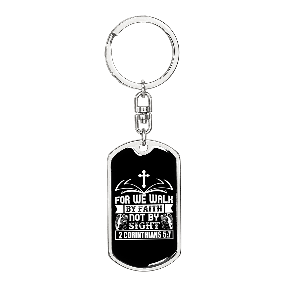 Faith Not By Sight White 2 Corinthians 5:7 Keychain Stainless Steel or 18k Gold Dog Tag Keyring-Express Your Love Gifts