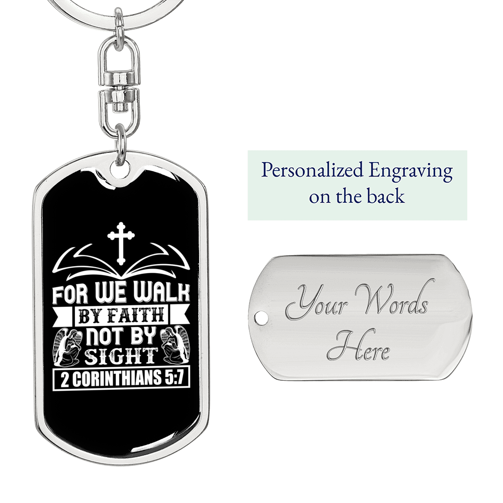 Faith Not By Sight White 2 Corinthians 5:7 Keychain Stainless Steel or 18k Gold Dog Tag Keyring-Express Your Love Gifts