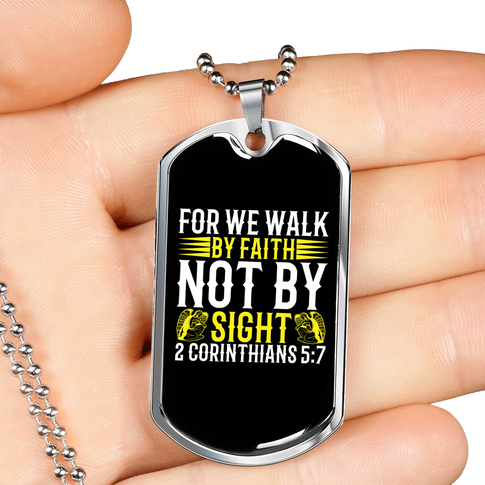 Faith Not By Sight White 2 Corinthians 5:7 Necklace Stainless Steel or 18k Gold Dog Tag 24" Chain-Express Your Love Gifts