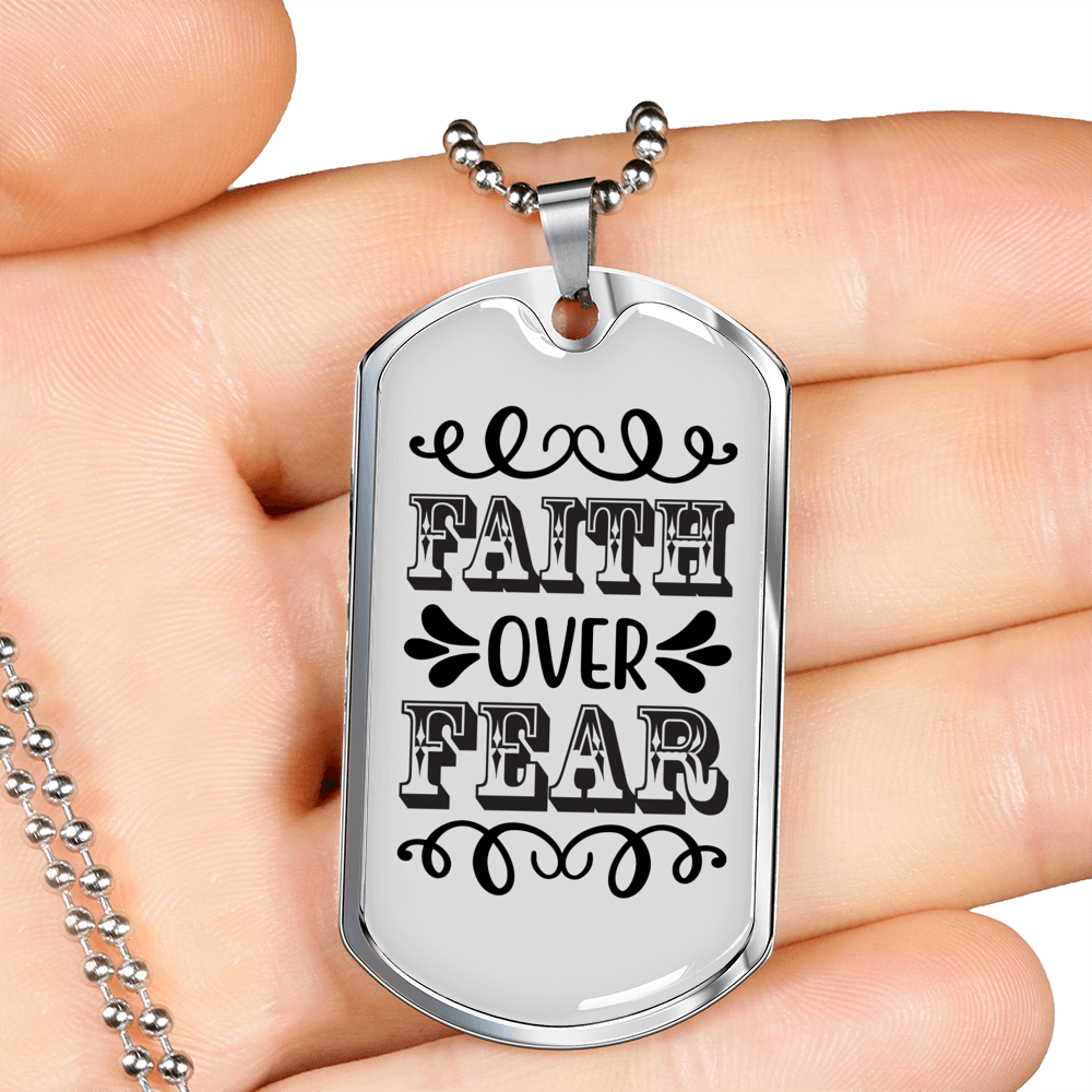 Faith Over Fear Caps Necklace Stainless Steel or 18k Gold Dog Tag 24" Chain-Express Your Love Gifts