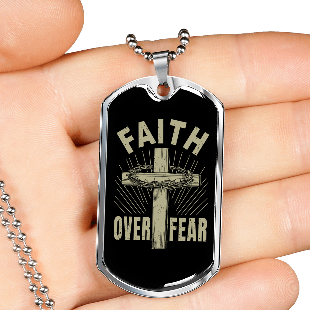 Faith Over Fear Cross Necklace Stainless Steel or 18k Gold Dog Tag 24" Chain-Express Your Love Gifts