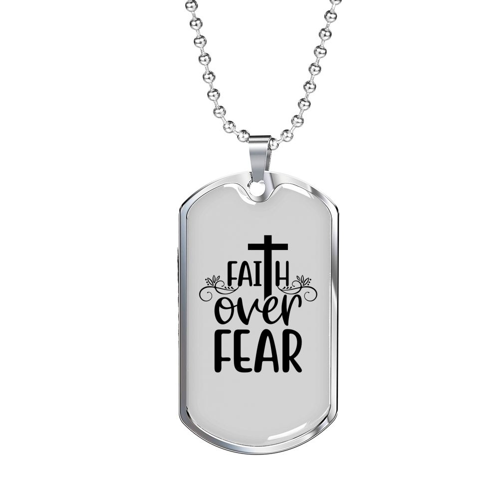 Faith Over Fear Cross White Necklace Stainless Steel or 18k Gold Dog Tag 24" Chain-Express Your Love Gifts