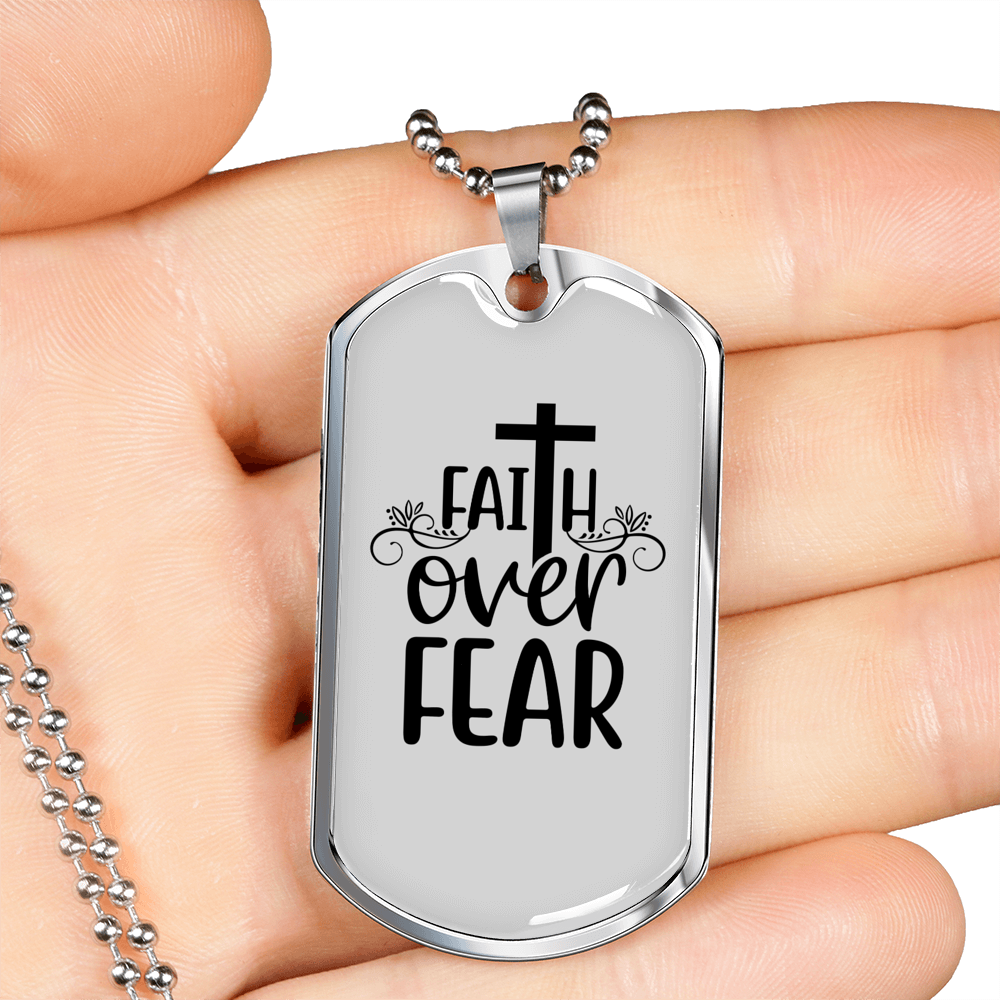 Faith Over Fear Cross White Necklace Stainless Steel or 18k Gold Dog Tag 24" Chain-Express Your Love Gifts