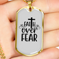 Faith Over Fear Cross White Necklace Stainless Steel or 18k Gold Dog Tag 24" Chain-Express Your Love Gifts