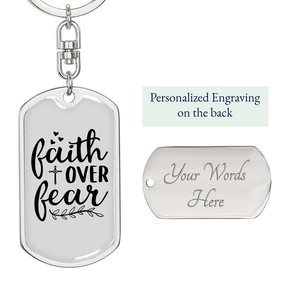 Faith Over Fear Cursive White Keychain Stainless Steel or 18k Gold Dog Tag Keyring-Express Your Love Gifts