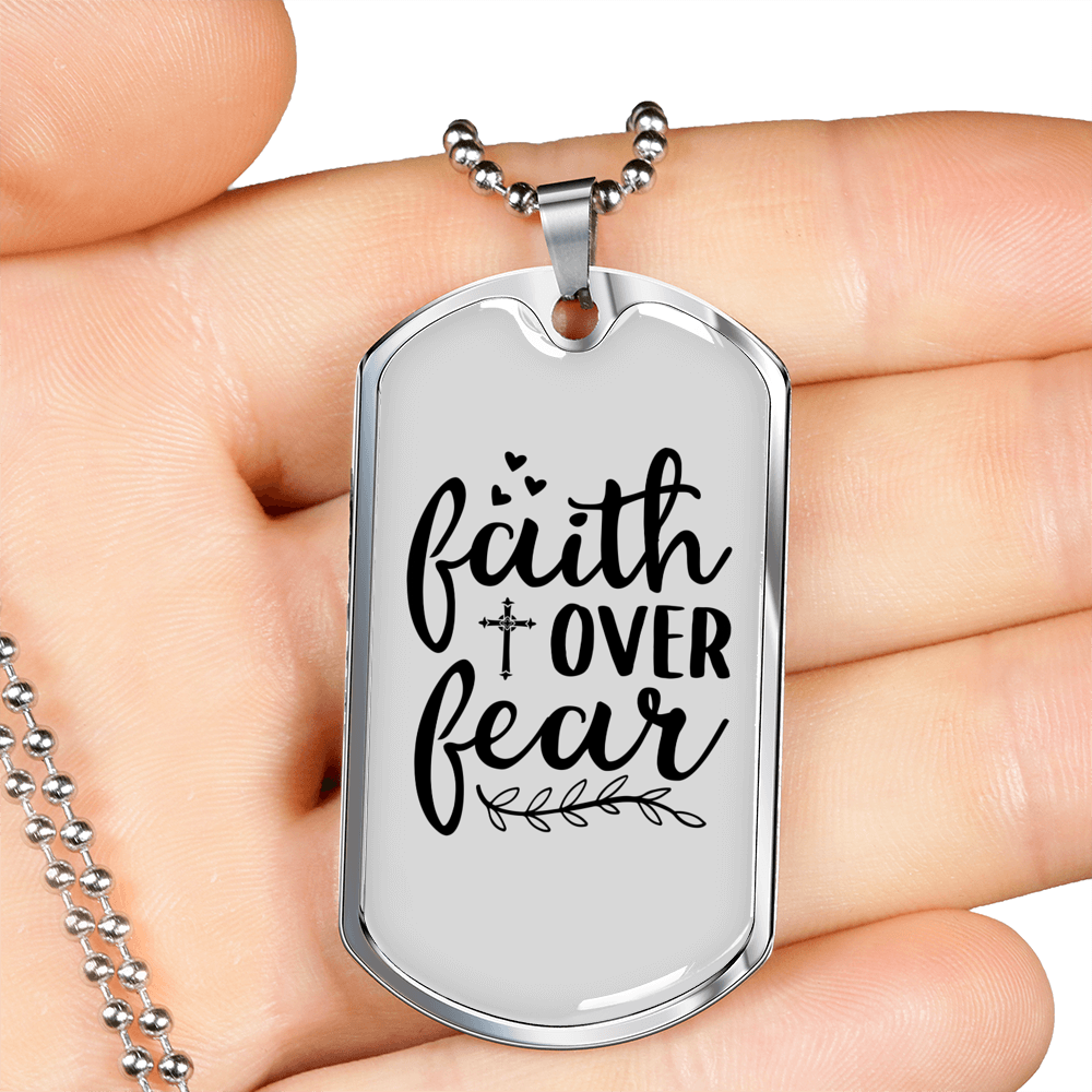 Faith Over Fear Heart Cross Necklace Stainless Steel or 18k Gold Dog Tag 24" Chain-Express Your Love Gifts