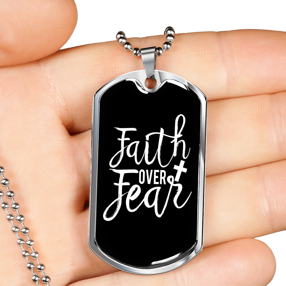 Faith Over Fear White Necklace Stainless Steel or 18k Gold Dog Tag 24" Chain-Express Your Love Gifts