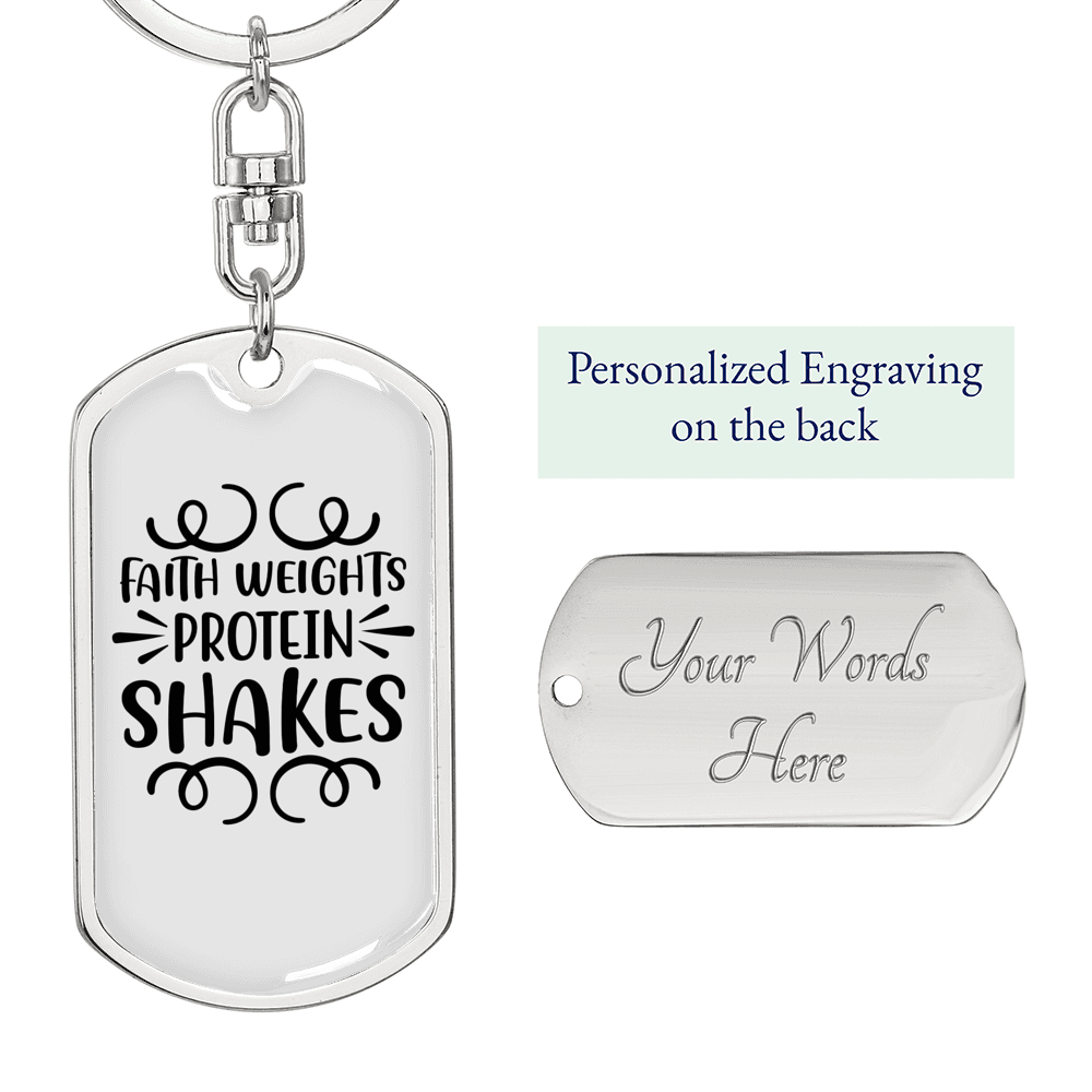 Faith Weights Protein Shakes Keychain Stainless Steel or 18k Gold Dog Tag Keyring-Express Your Love Gifts
