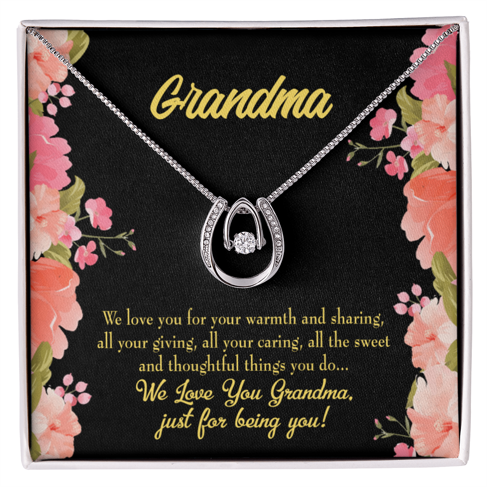Family to Grandma Lucky Horseshoe Necklace Message Card 14k w CZ Crystals-Express Your Love Gifts