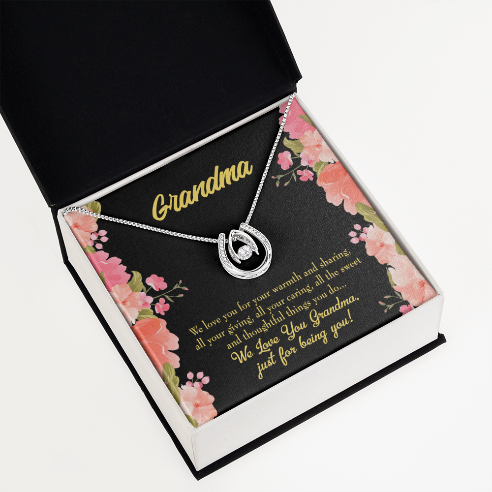 Family to Grandma Lucky Horseshoe Necklace Message Card 14k w CZ Crystals-Express Your Love Gifts