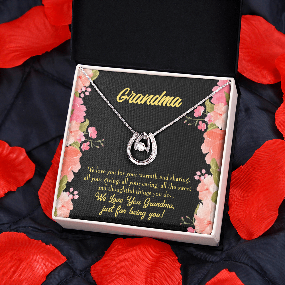 Family to Grandma Lucky Horseshoe Necklace Message Card 14k w CZ Crystals-Express Your Love Gifts