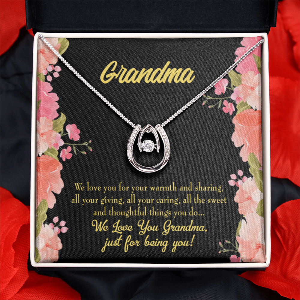 Family to Grandma Lucky Horseshoe Necklace Message Card 14k w CZ Crystals-Express Your Love Gifts