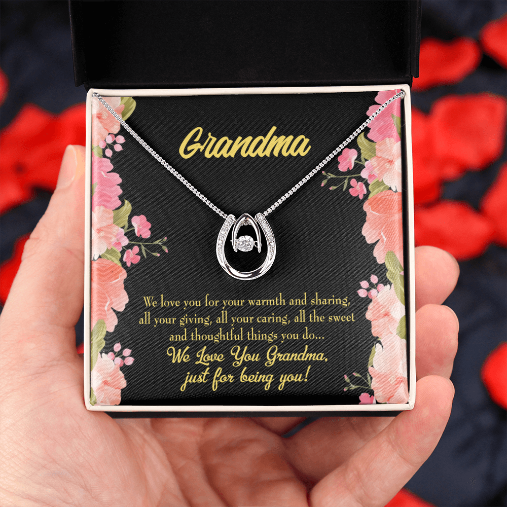 Family to Grandma Lucky Horseshoe Necklace Message Card 14k w CZ Crystals-Express Your Love Gifts