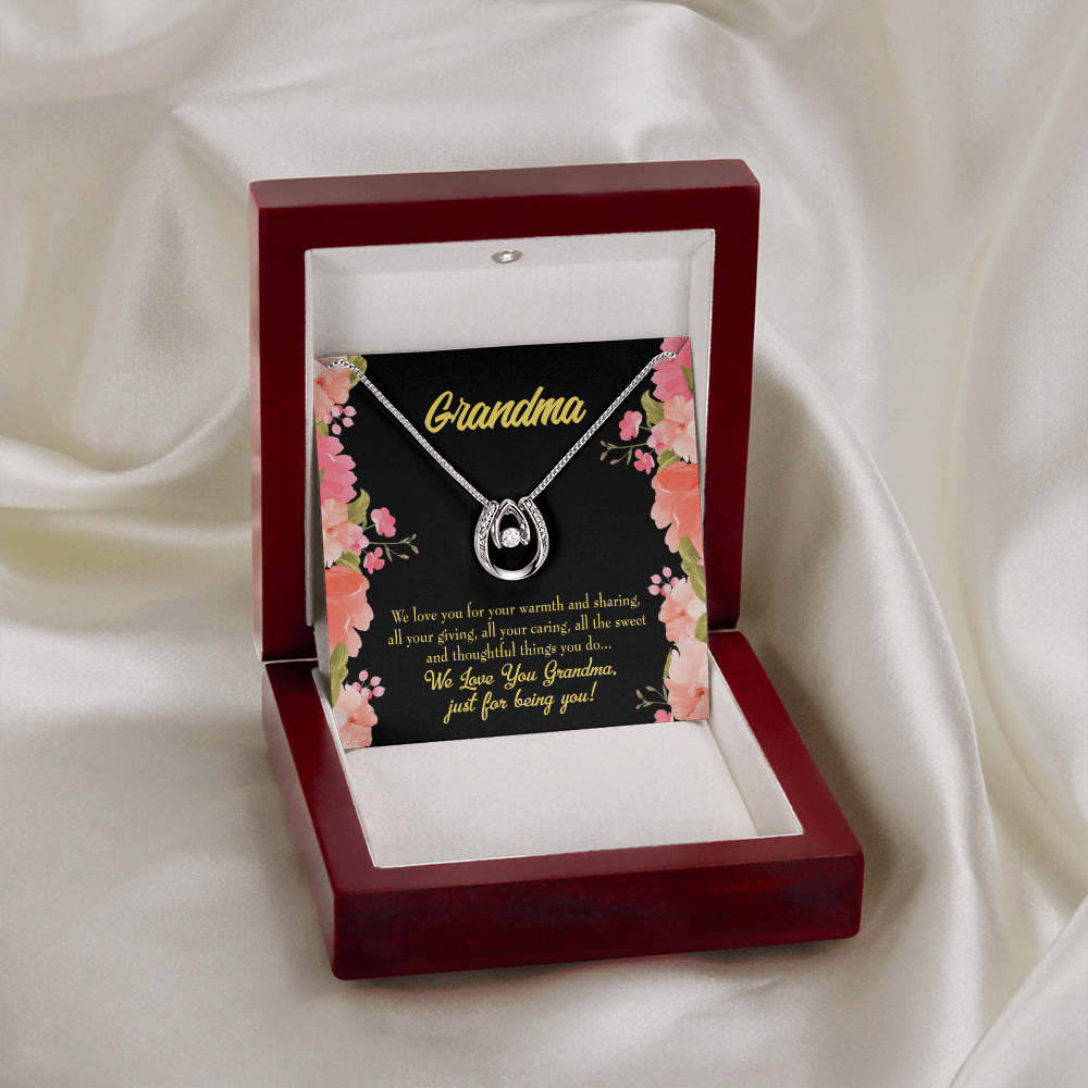 Family to Grandma Lucky Horseshoe Necklace Message Card 14k w CZ Crystals-Express Your Love Gifts