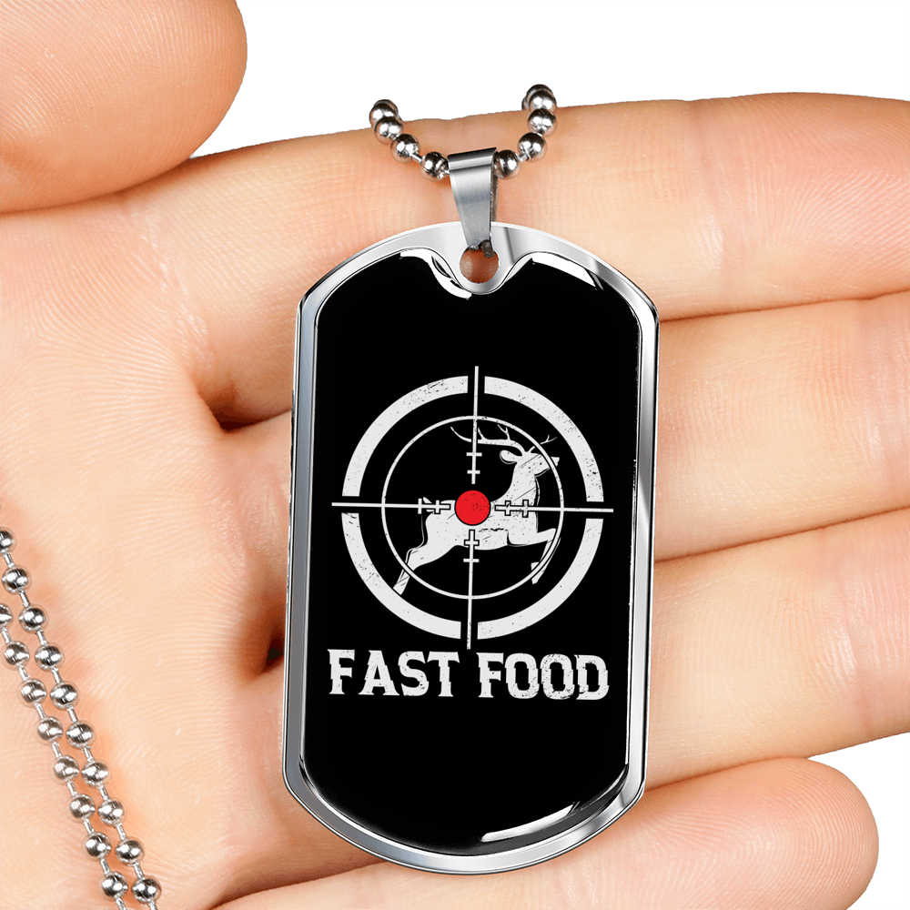 Fast Food Hunting Necklace Stainless Steel or 18k Gold Dog Tag 24" Chain-Express Your Love Gifts