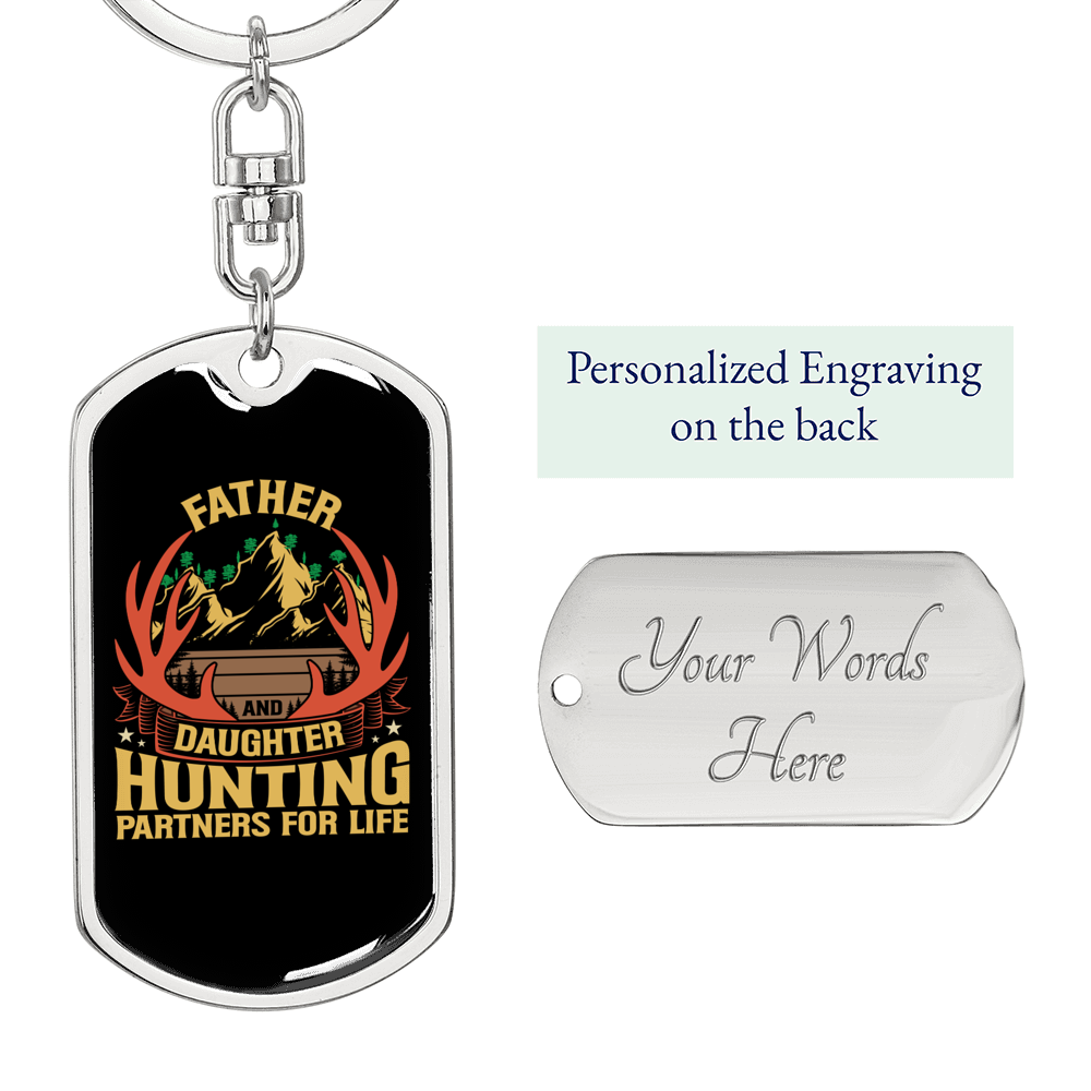 Father Daughter Hunting Partners Keychain Stainless Steel or 18k Gold Dog Tag Keyring-Express Your Love Gifts