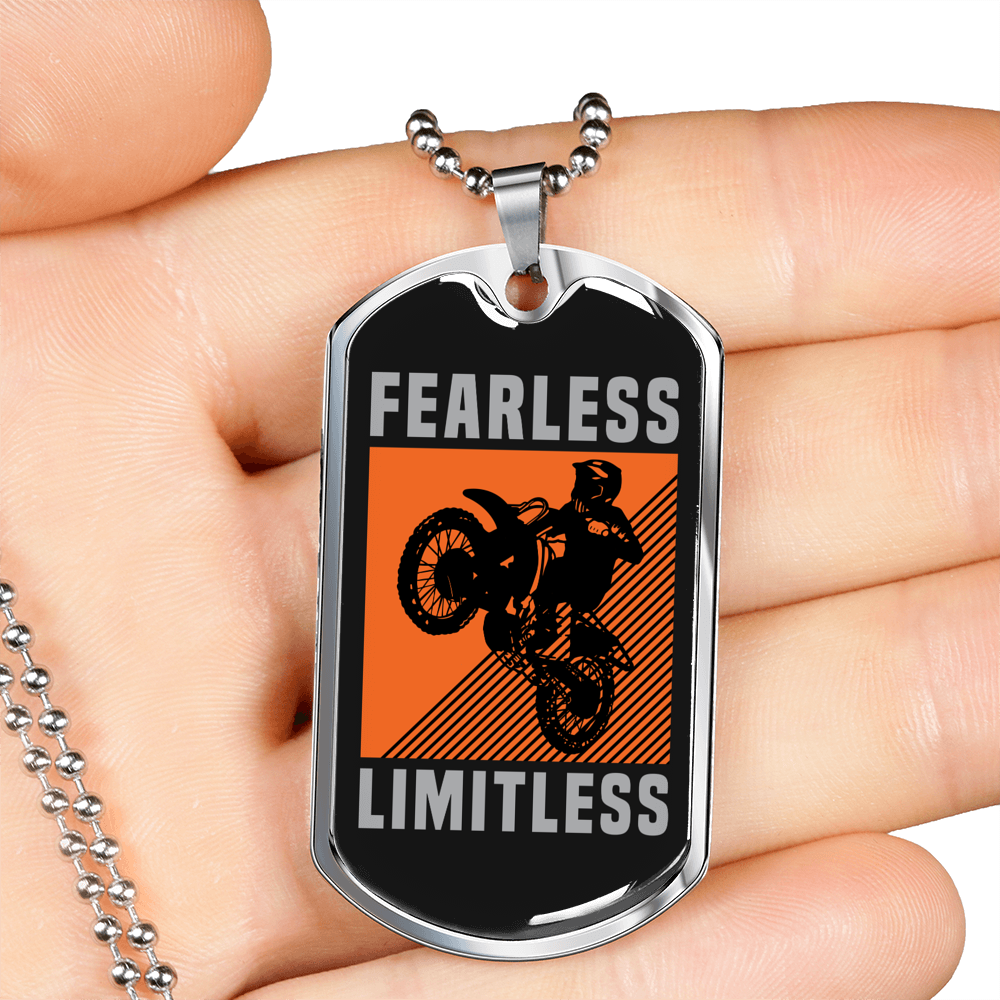 Fearless Limitless Biker Necklace Stainless Steel or 18k Gold Dog Tag 24"-Express Your Love Gifts