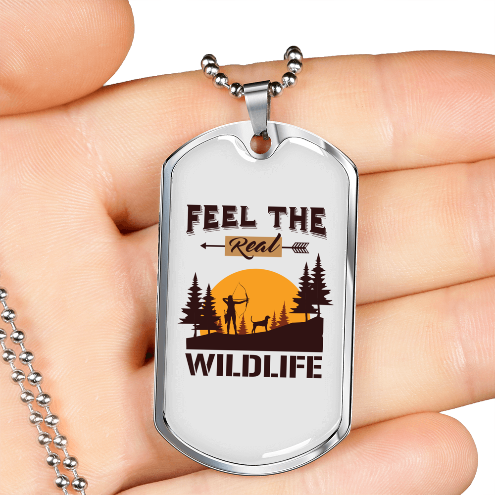 Feel The Real Wildlife Hunting Necklace Stainless Steel or 18k Gold Dog Tag 24"-Express Your Love Gifts