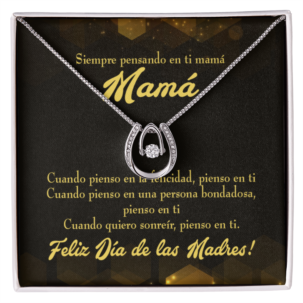 Feliz Dia de las Madres Spanish Lucky Horseshoe Necklace Message Card 14k w CZ Crystals-Express Your Love Gifts