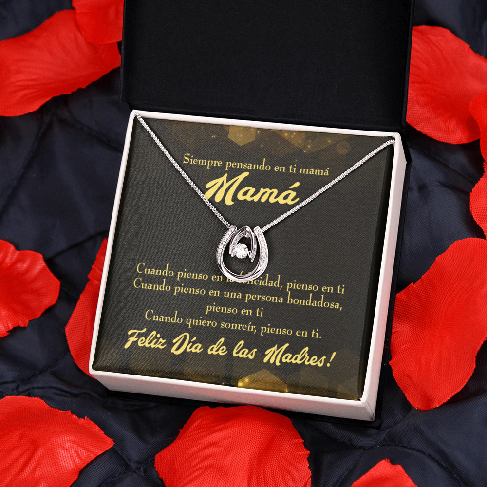 Feliz Dia de las Madres Spanish Lucky Horseshoe Necklace Message Card 14k w CZ Crystals-Express Your Love Gifts
