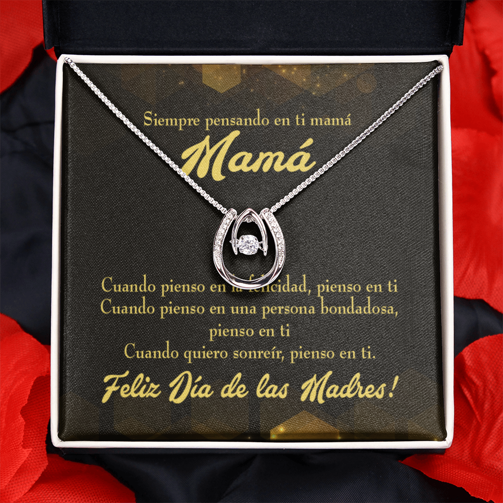 Feliz Dia de las Madres Spanish Lucky Horseshoe Necklace Message Card 14k w CZ Crystals-Express Your Love Gifts