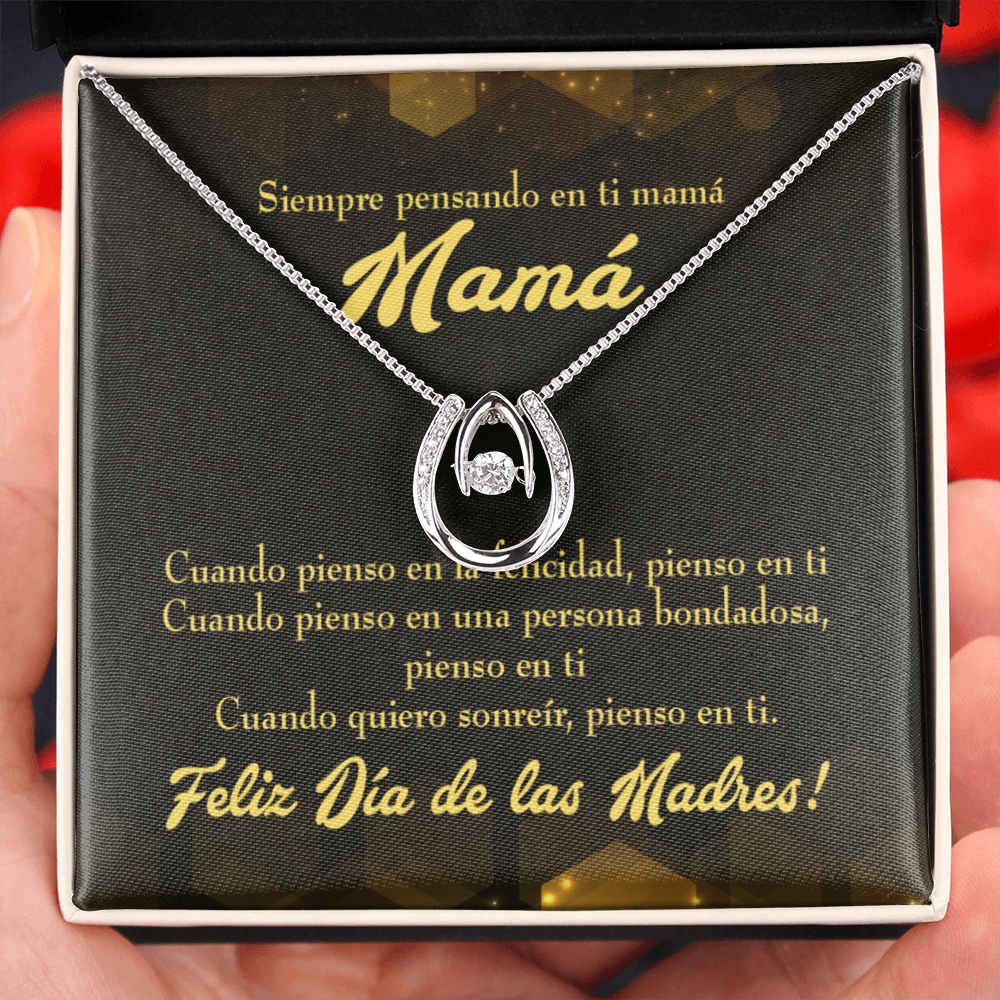 Feliz Dia de las Madres Spanish Lucky Horseshoe Necklace Message Card 14k w CZ Crystals-Express Your Love Gifts