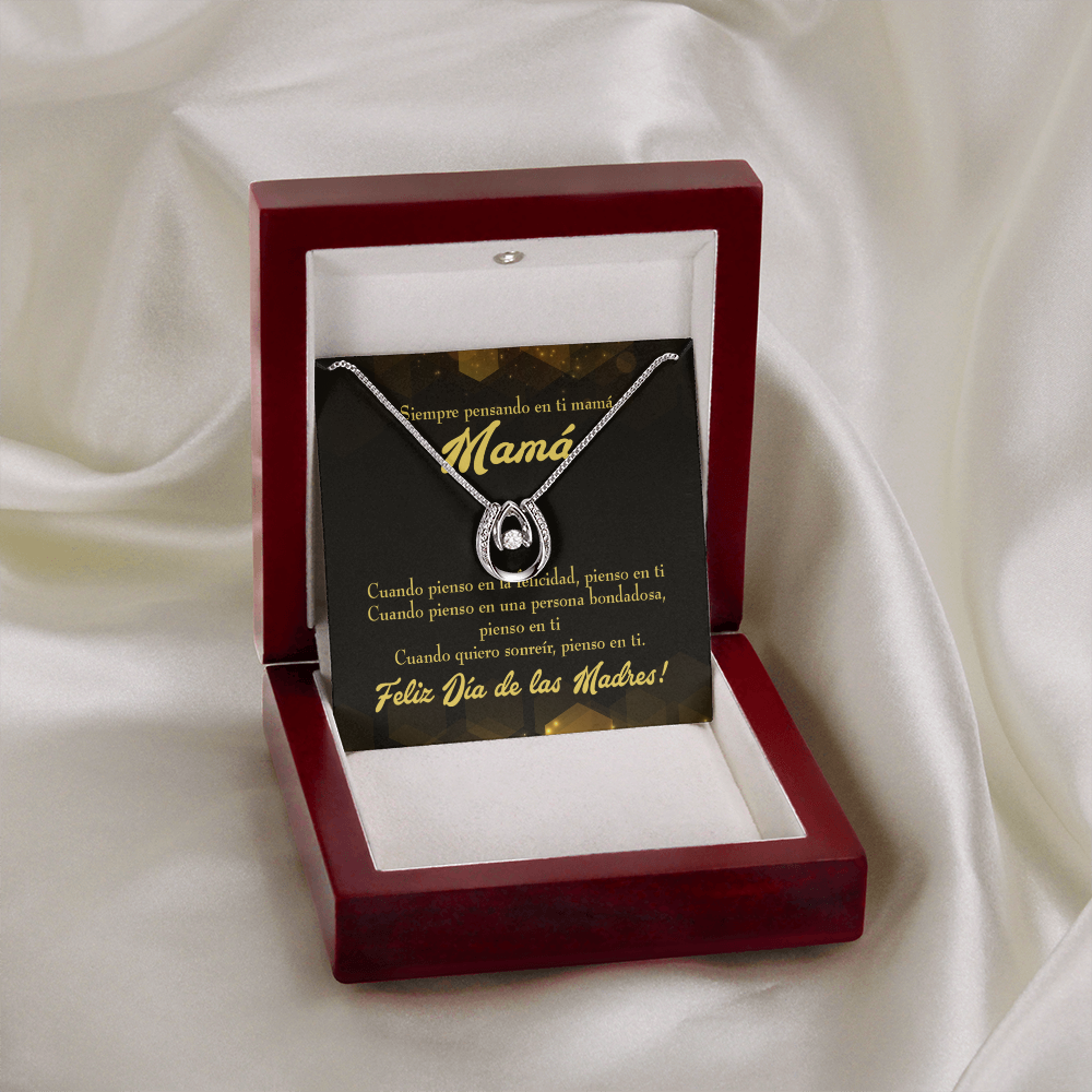 Feliz Dia de las Madres Spanish Lucky Horseshoe Necklace Message Card 14k w CZ Crystals-Express Your Love Gifts