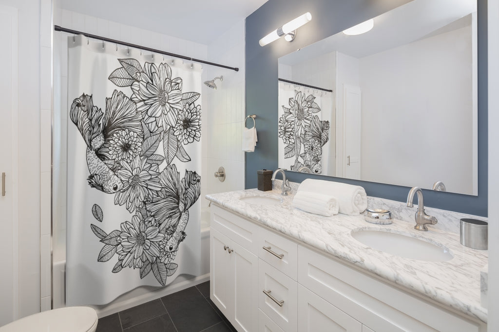 Fighting Fish Flower Stylish Design 71" x 74" Elegant Waterproof Shower Curtain for a Spa-like Bathroom Paradise Exceptional Craftsmanship-Express Your Love Gifts