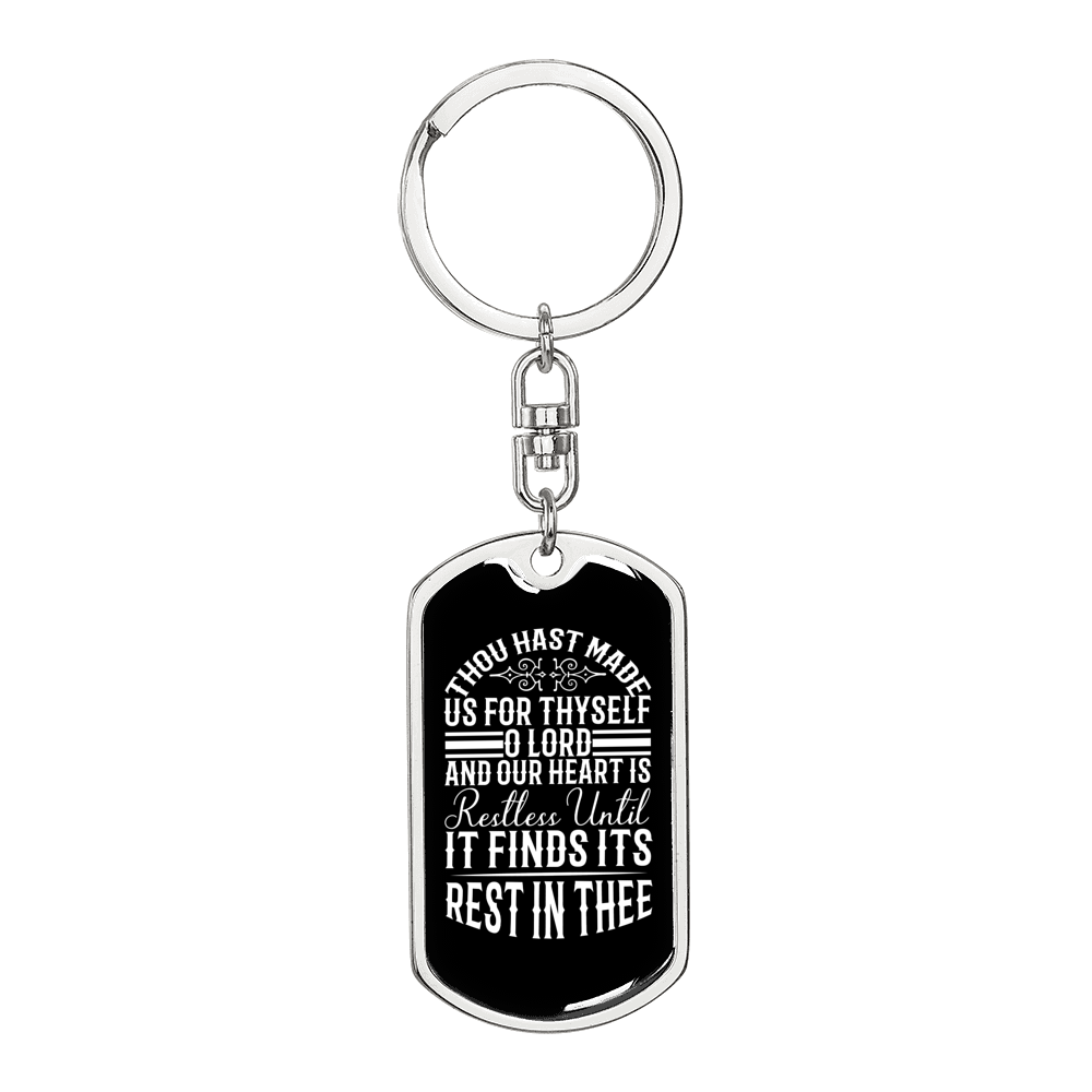 Finds Its Rest In Thee Keychain Stainless Steel or 18k Gold Dog Tag Keyring-Express Your Love Gifts