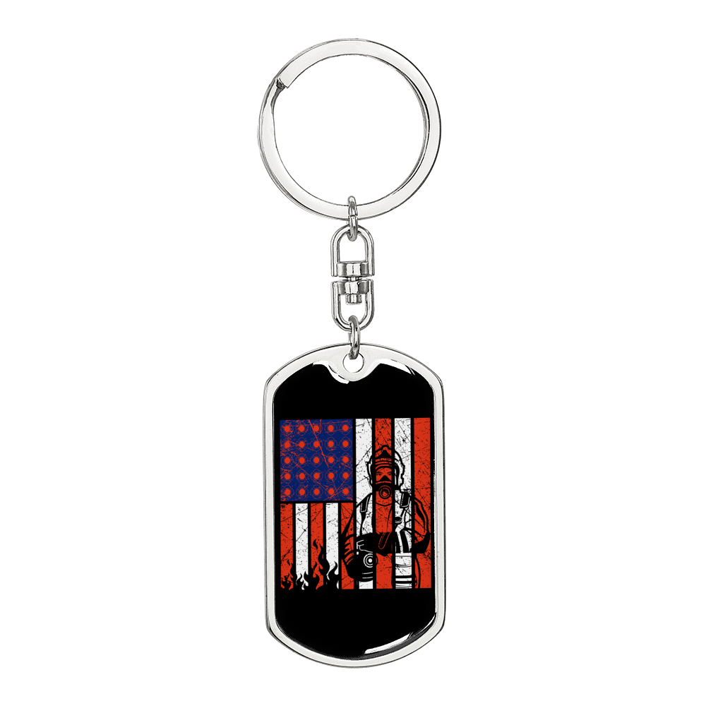 Firefighter And A Flag Keychain Stainless Steel or 18k Gold Dog Tag Keyring-Express Your Love Gifts