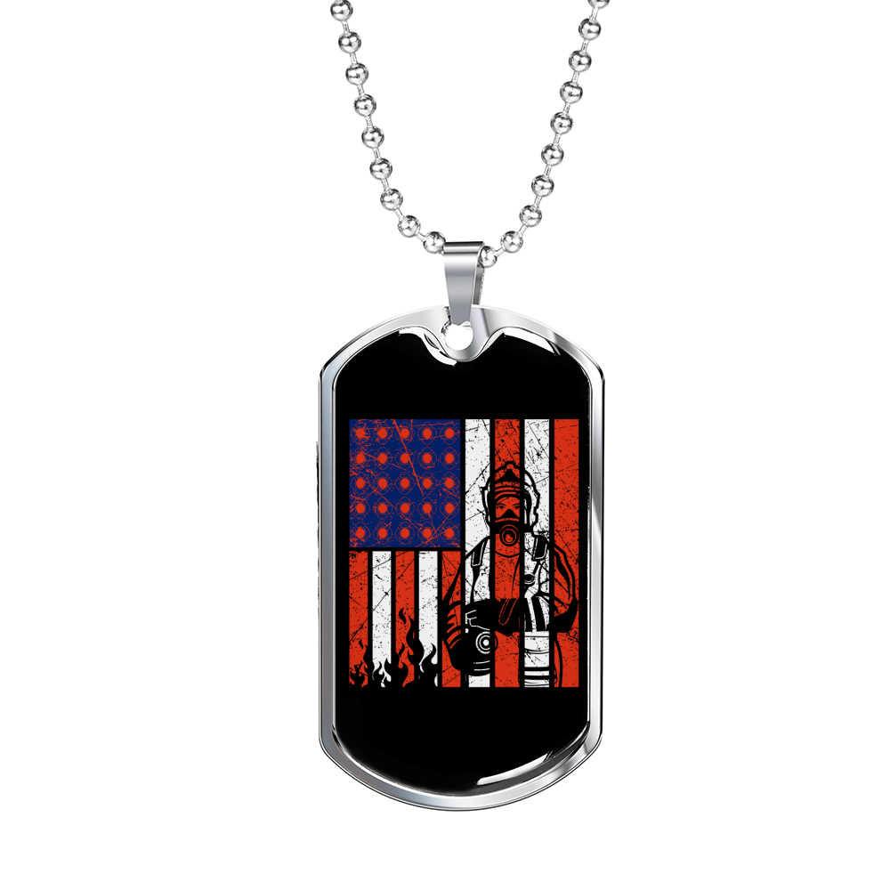 Firefighter And A Flag Necklace Stainless Steel or 18k Gold Dog Tag 24" Chain-Express Your Love Gifts