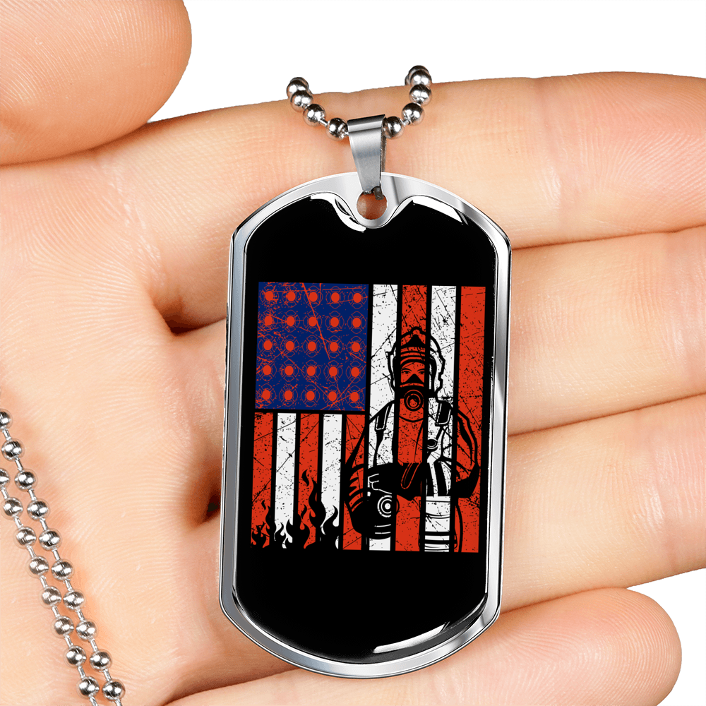 Firefighter And A Flag Necklace Stainless Steel or 18k Gold Dog Tag 24" Chain-Express Your Love Gifts