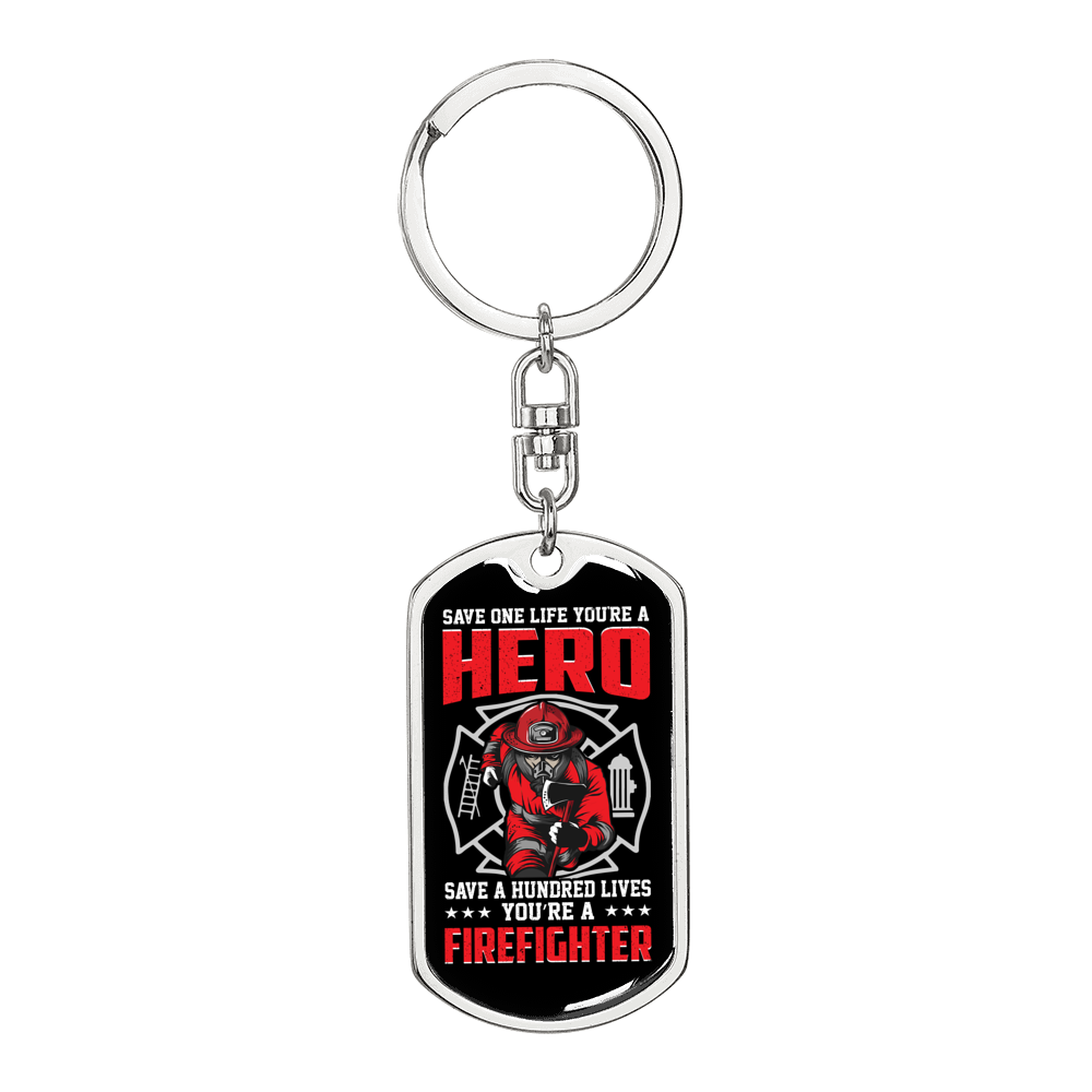 Firefighter And A Hero Keychain Stainless Steel or 18k Gold Dog Tag Keyring-Express Your Love Gifts