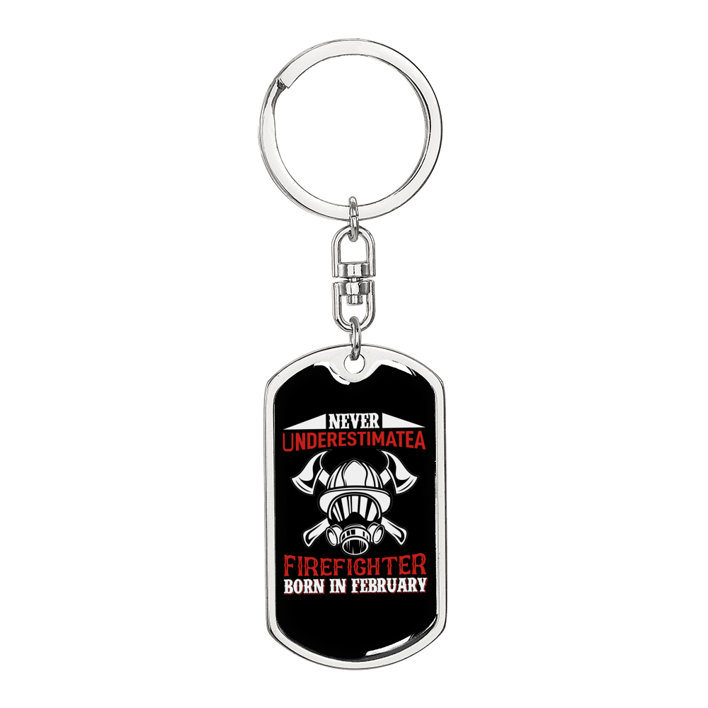 Firefighter Born In February Keychain Stainless Steel or 18k Gold Dog Tag Keyring-Express Your Love Gifts