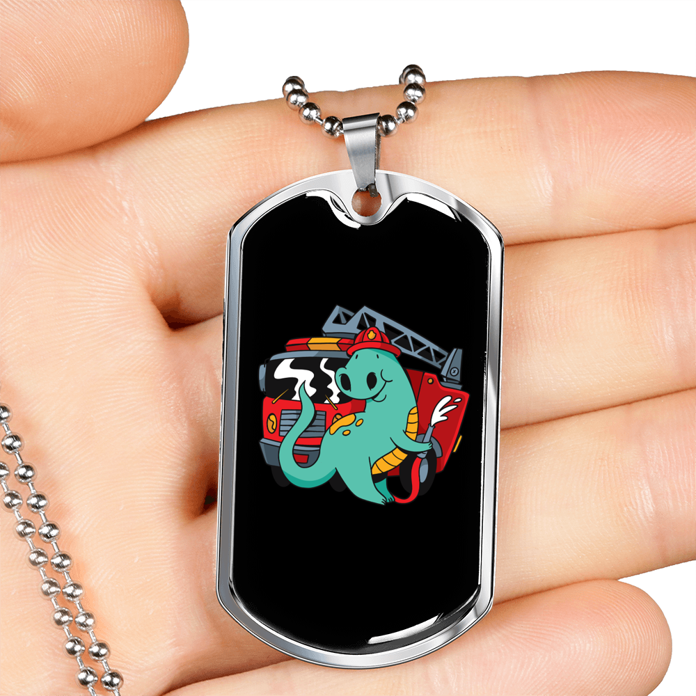 Firefighter Dinosaur Necklace Stainless Steel or 18k Gold Dog Tag 24" Chain-Express Your Love Gifts