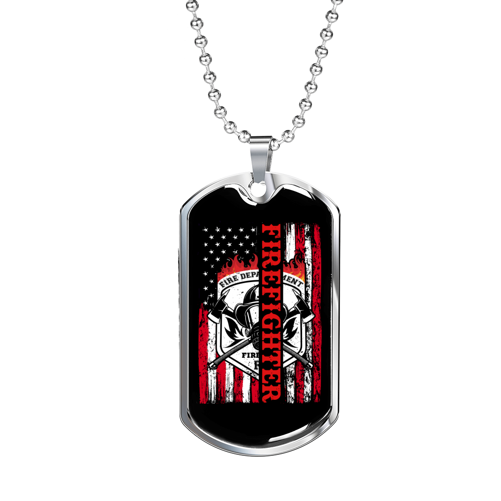 Firefighter Flag Necklace Stainless Steel or 18k Gold Dog Tag 24" Chain-Express Your Love Gifts