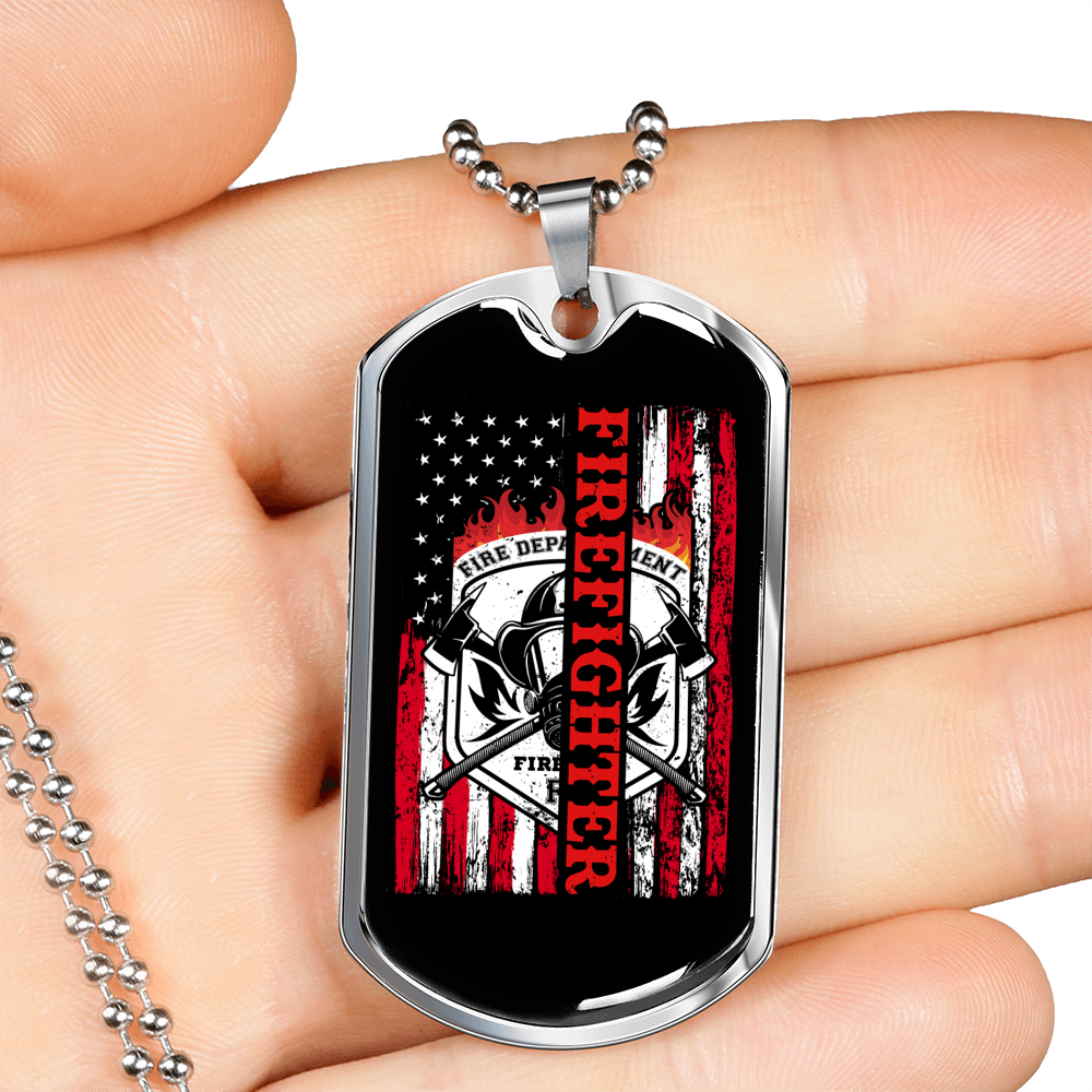 Firefighter Flag Necklace Stainless Steel or 18k Gold Dog Tag 24" Chain-Express Your Love Gifts