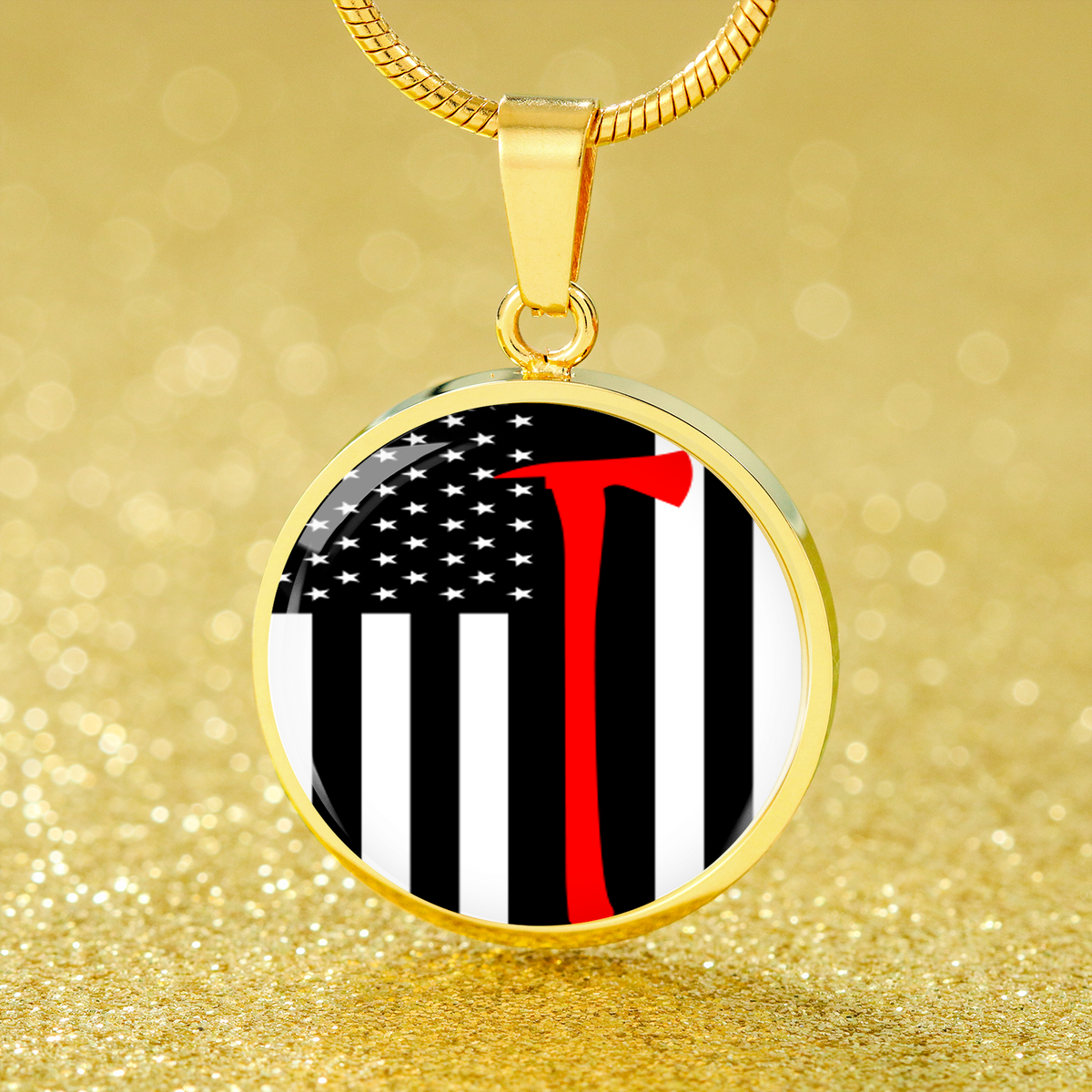 Firefighter Flag W Axe Circle Necklace Stainless Steel or 18k Gold 18-22"-Express Your Love Gifts