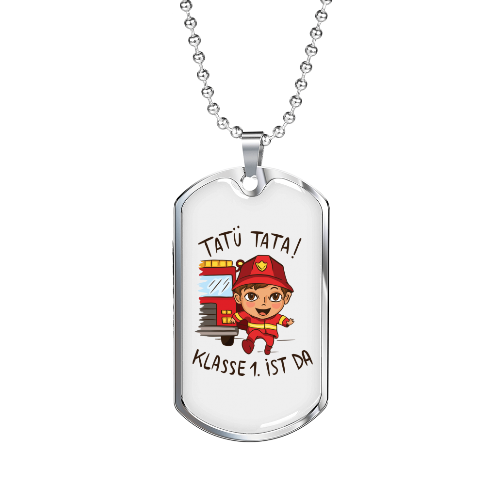 Firefighter Kid With Firetruck Necklace Stainless Steel or 18k Gold Dog Tag 24" Chain-Express Your Love Gifts