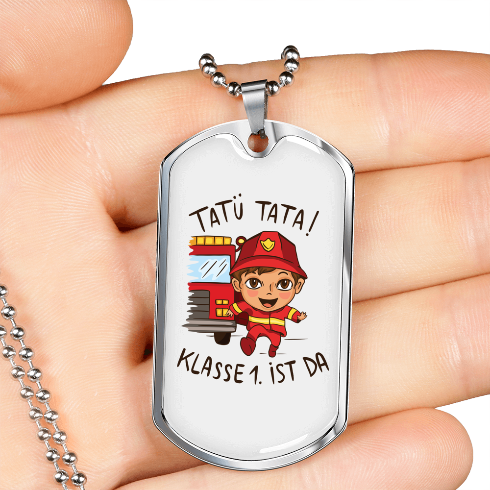 Firefighter Kid With Firetruck Necklace Stainless Steel or 18k Gold Dog Tag 24" Chain-Express Your Love Gifts