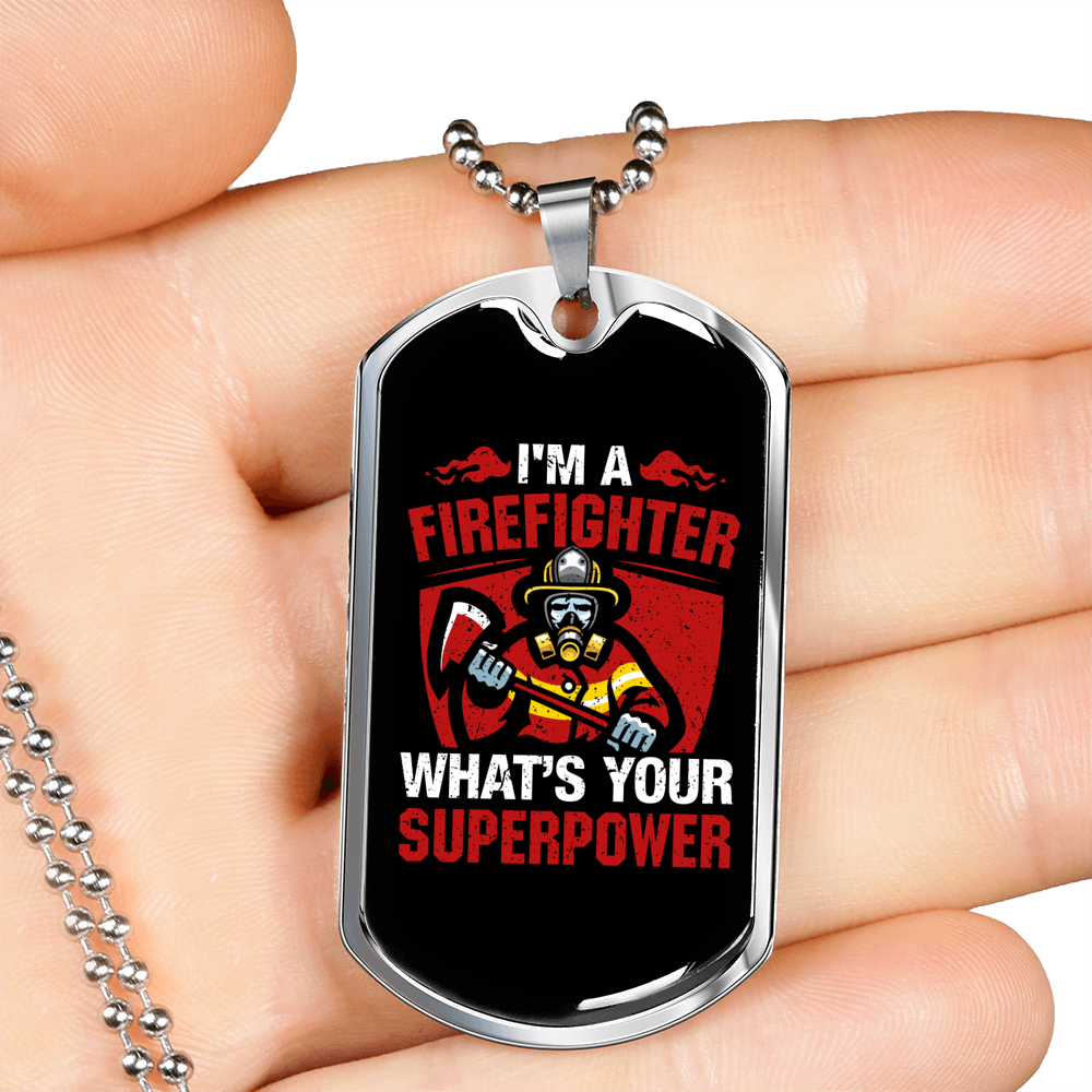 Firefighter Superpower Necklace Stainless Steel or 18k Gold Dog Tag 24" Chain-Express Your Love Gifts