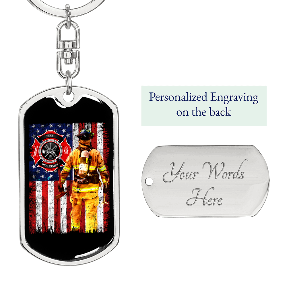 Firefighter With American Flag Keychain Stainless Steel or 18k Gold Dog Tag Keyring-Express Your Love Gifts