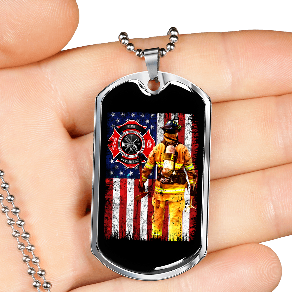 Firefighter With American Flag Necklace Stainless Steel or 18k Gold Dog Tag 24" Chain-Express Your Love Gifts