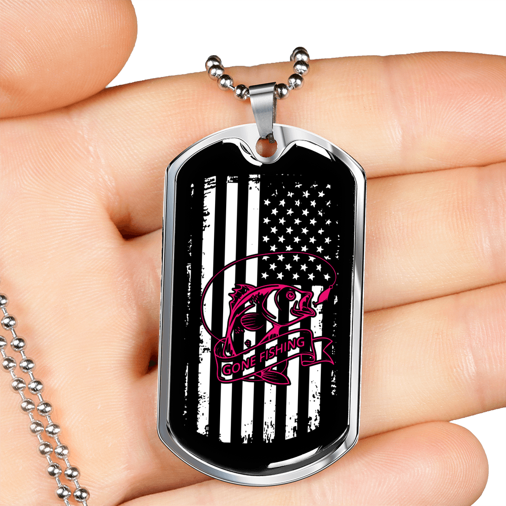 Fishing Flag Necklace Stainless Steel or 18k Gold Dog Tag 24" Chain-Express Your Love Gifts
