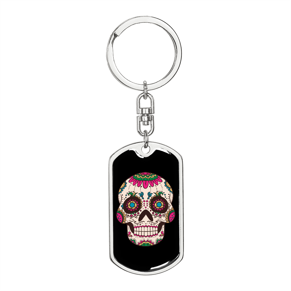Flower Eyes Sugar Skull Keychain Stainless Steel or 18k Gold Dog Tag Keyring-Express Your Love Gifts