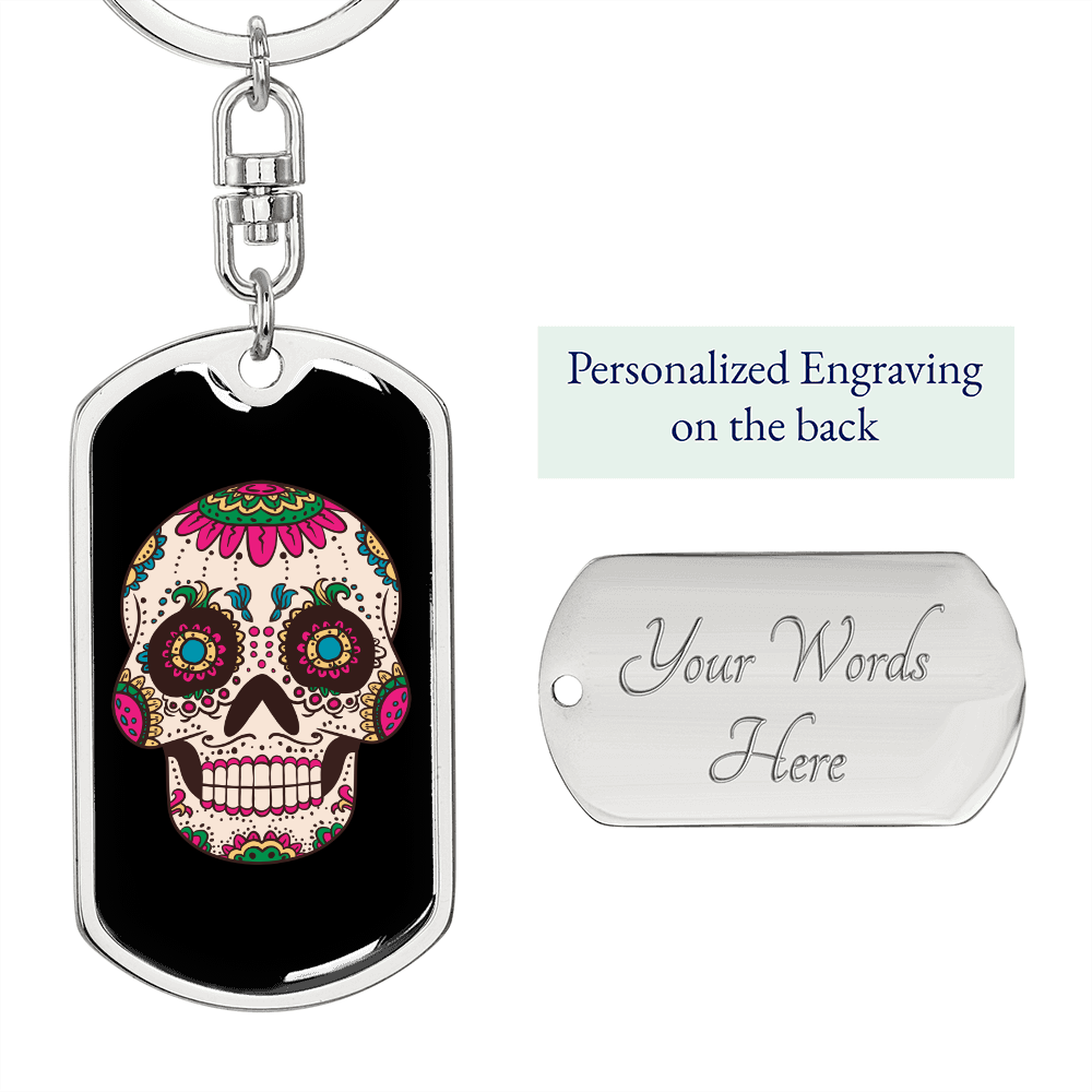 Flower Eyes Sugar Skull Keychain Stainless Steel or 18k Gold Dog Tag Keyring-Express Your Love Gifts