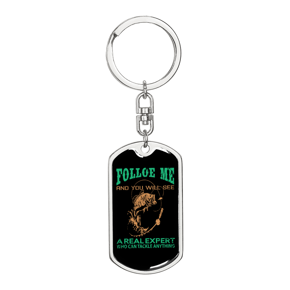 Folloe Me Fishing Keychain Stainless Steel or 18k Gold Dog Tag Keyring-Express Your Love Gifts