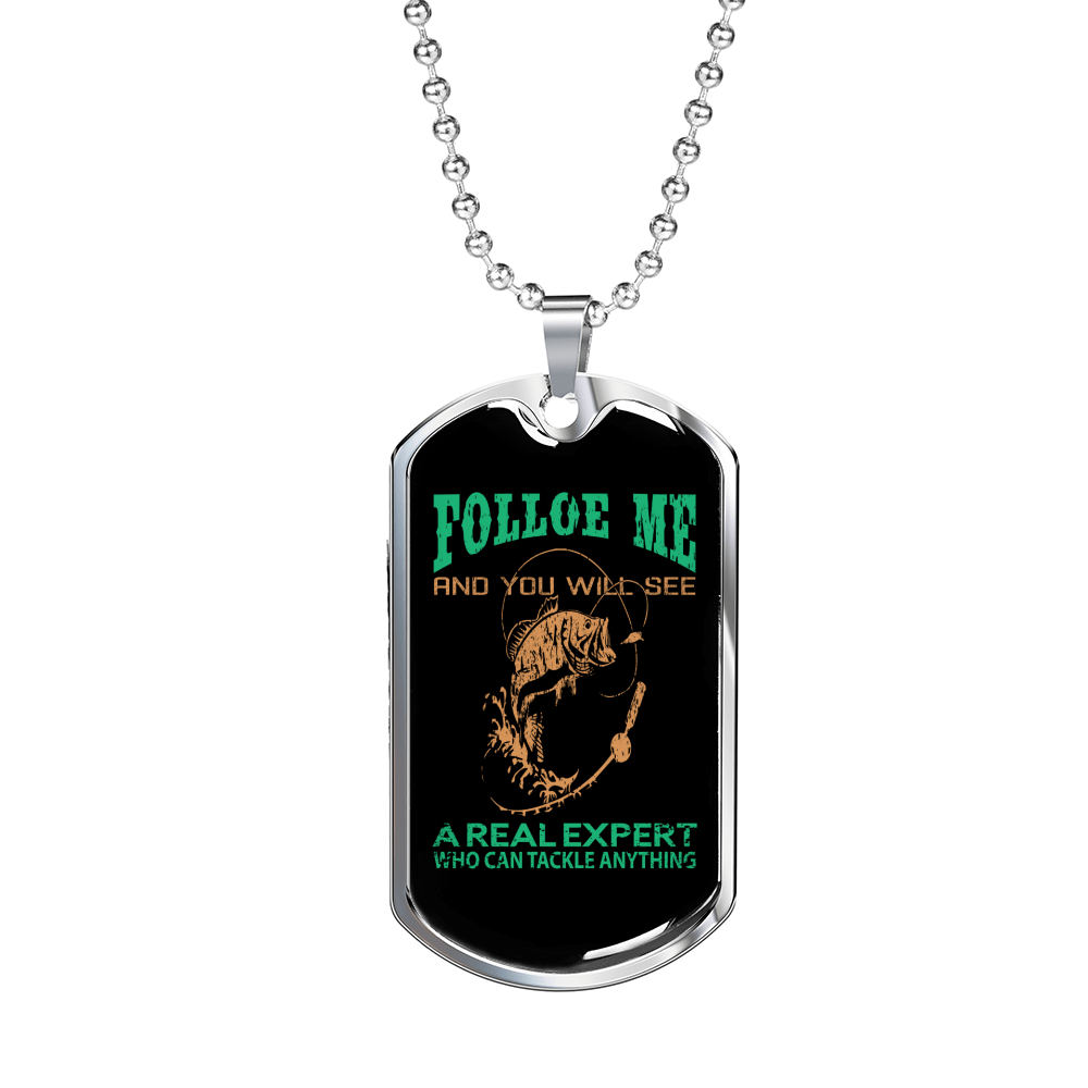 Folloe Me Fishing Necklace Stainless Steel or 18k Gold Dog Tag 24" Chain-Express Your Love Gifts